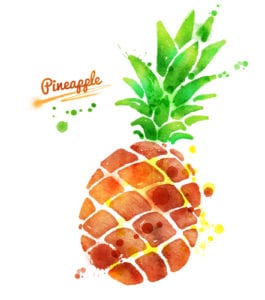 Hand drawn watercolor illustration of pineapple with paint splashes.