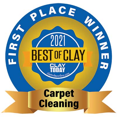 Blue and gold medallion that reads: First Place Winner Carpet Cleaning, 2021 Best of Clay - Clay Today. Awarded to Oxi Fresh Carpet Cleaning of Jacksonville, FL