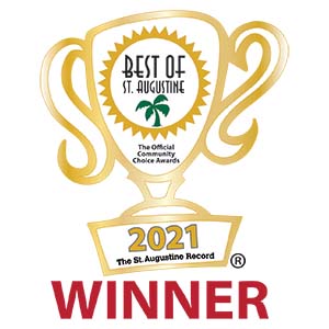 Illustrated golden trophy icon that reads: Best of St. Augustine, The Official Community Choice Awards, 2021 The St. Augustine Record Winner. Awarded to Oxi Fresh Carpet Cleaning of Jacksonville, FL