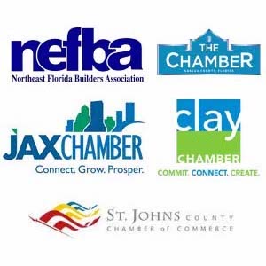 Five logos on a white background. From top left moving clockwise, these logos include the NEFBA logo, The Nassau County Chamber of Commerce logo, the Clay County Chamber of Commerce Logo, the St. Johns County Chamber of Commerce Logo, and the JAX Chamber of Commerce logo. Oxi Fresh Carpet Cleaning of Jacksonville, FL is proud to be a part of the community!
