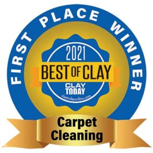 Blue and gold medallion that reads: First Place Winner Carpet Cleaning, 2021 Best of Clay - Clay Today. Awarded to Oxi Fresh Carpet Cleaning of Yulee, FL
