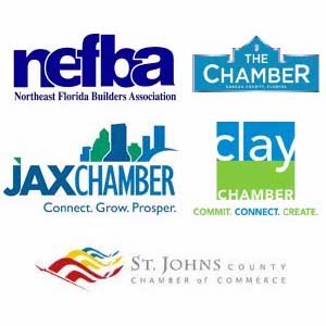 Five logos on a white background. From top left moving clockwise, these logos include the NEFBA logo, The Nassau County Chamber of Commerce logo, the Clay County Chamber of Commerce Logo, the St. Johns County Chamber of Commerce Logo, and the JAX Chamber of Commerce logo. Oxi Fresh Carpet Cleaning of Orange Park, FL is proud to be a part of the community!