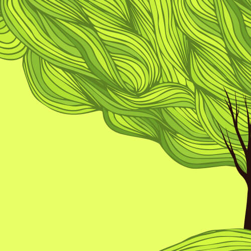 Illustration of a dark brown tree on a light green field with green striations for leafs