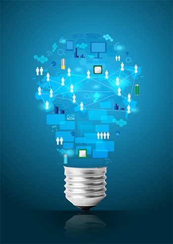 Illustration of a blue lightbulb filled with business icons