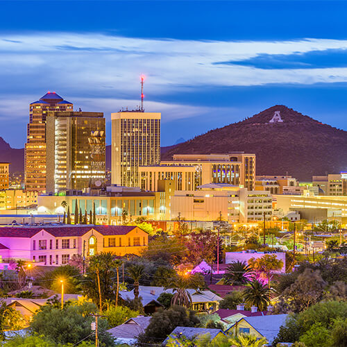 Downtown Tucson at night with "A" Mountain in the background