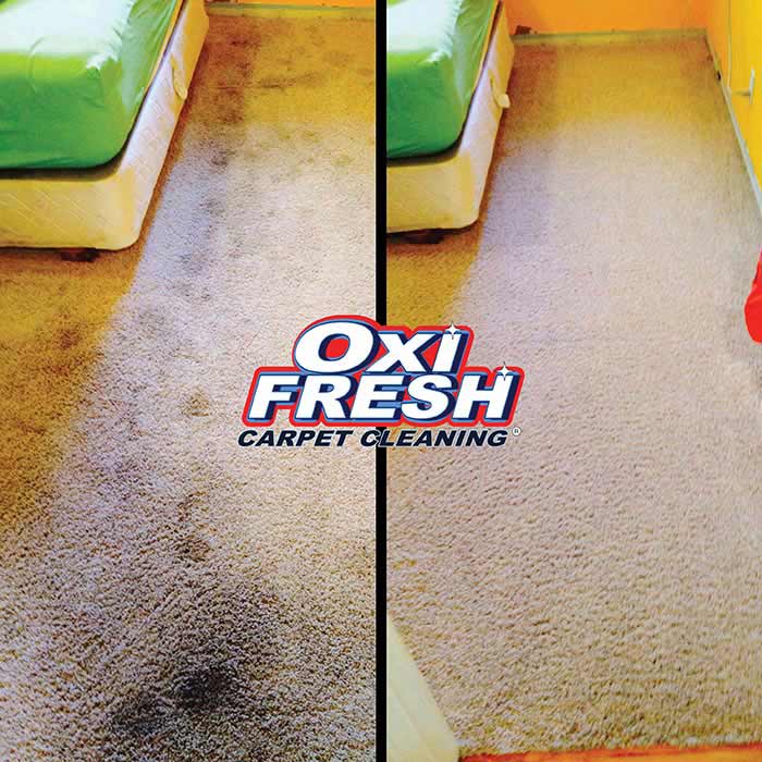 A picture of dirty carpet in a bedroom of a house. Before it was cleaned on the left, after it was cleaned on the right