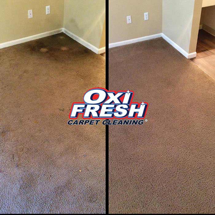 A picture of dirty carpet in the corner of a room in a house. Before it was cleaned on the left, after it was cleaned on the right