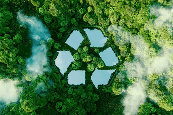 This image features the recycling symbol elevated above a green forest.