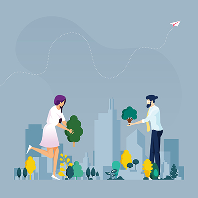 Two illustrated figures, a woman and man, plant trees in a small gray cityscape