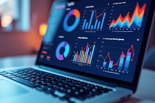 This image shows an open laptop screen displaying various multi-colored charts and graphs.