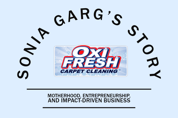 This graphic features a light blue background, the Oxi Fresh logo, a subtitle, and the title "Sonia Garg's Story."