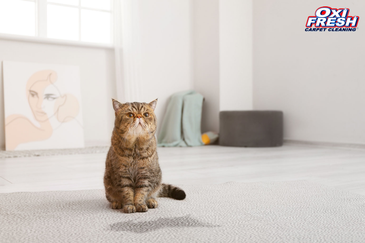 This photo shows a cat standing a room with a pet stain on the carpet in front of them. In the background of the room there's a modern painting, and the Oxi Fresh logo appears in the top right corner.