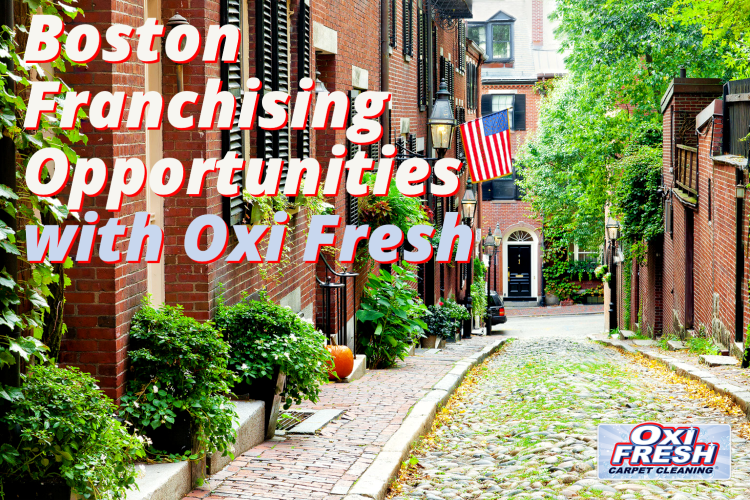 This image shows a street in Boston, surrounded with greenery and brick buildings. In bold and colorful text, it says "Boston Franchising Opportunities with Oxi Fresh" and also features the Oxi Fresh logo.