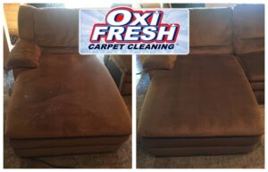 Dirty and clean side-by-side of sofa cushions showing cleaning results