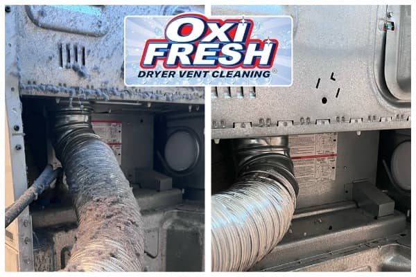 Before and after photo of Oxi Fresh's dryer vent cleaning service.
